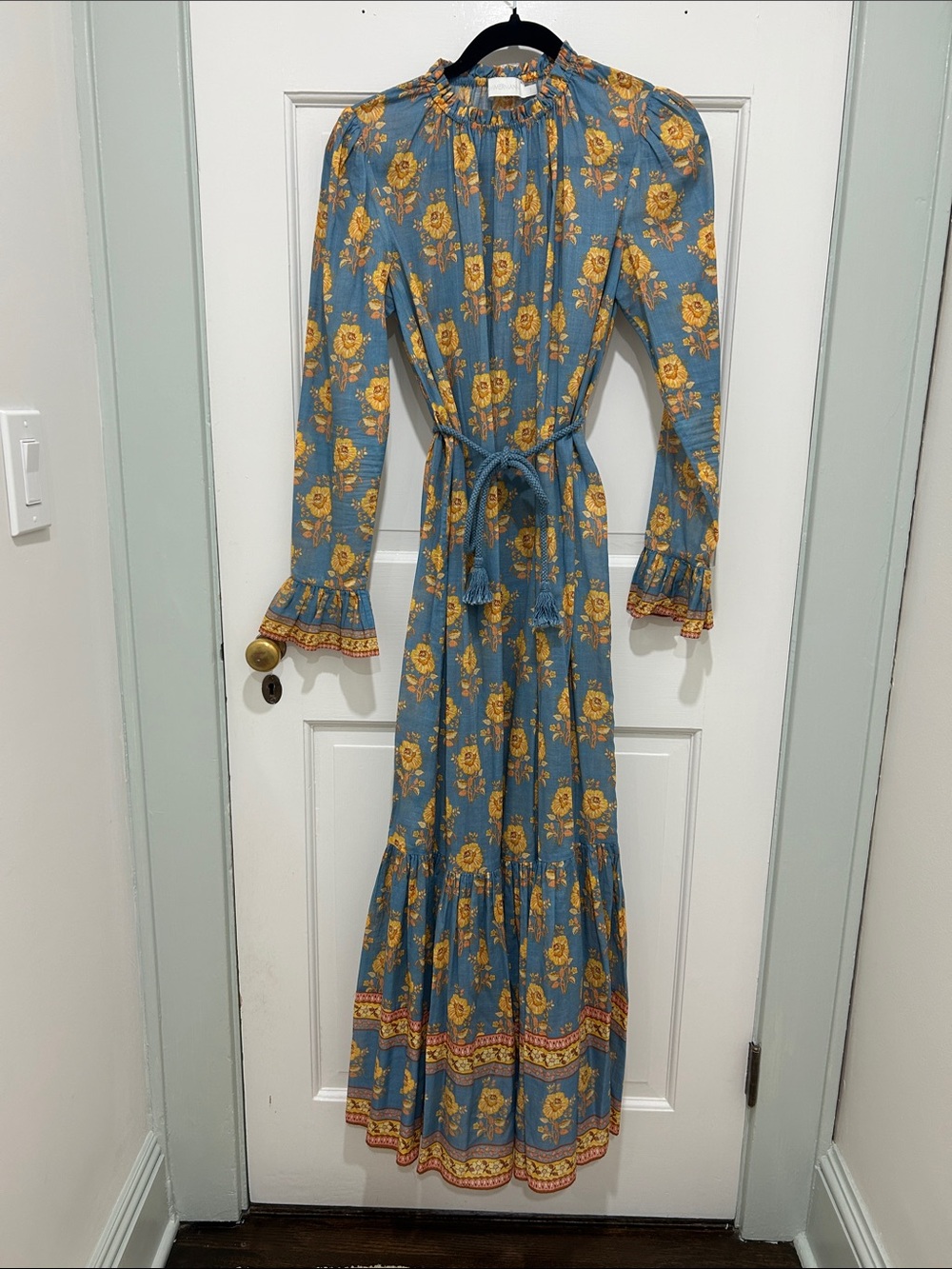 Zimmermann Blue and Yellow Floral Maxi Dress with Tie Waist